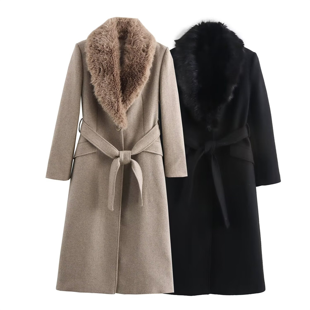 Wool Coat Peacoat - Abrigo con cuello de piel cálido
