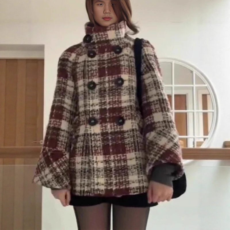 Wool Coat Peacoat - Abrigo cálido a cuadros con cuello